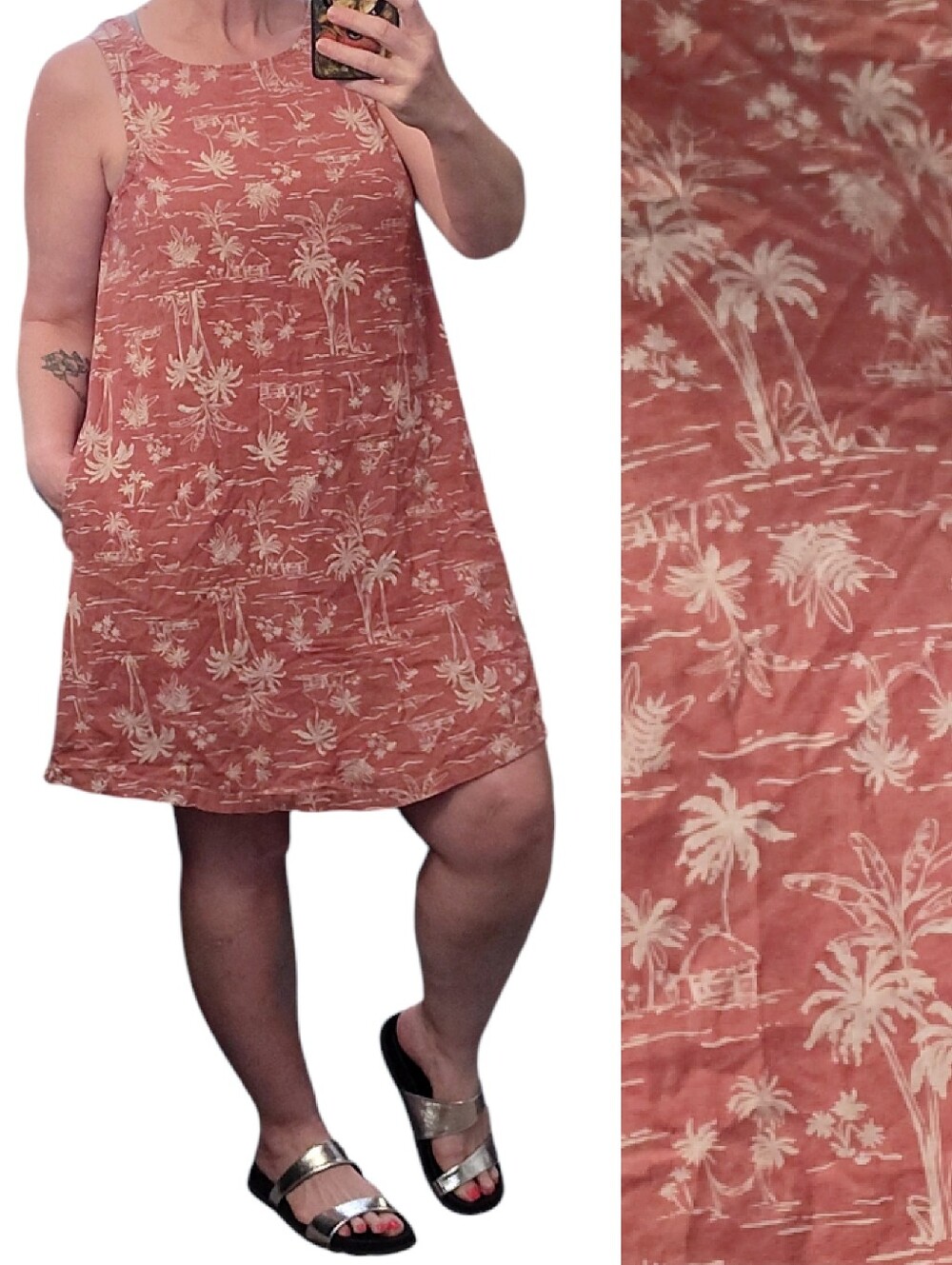 Ana Sleeveless Coral & Cream Tropical Print Mini Shift Dress Medium Linen Blend